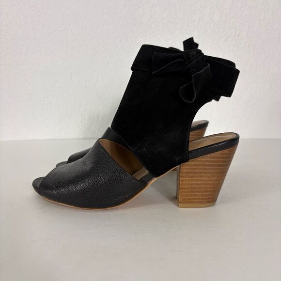 Anthropologie Black Leather & Suede Cutout Wooden Heel Open Toe Sandals Size 8 - Picture 1 of 10